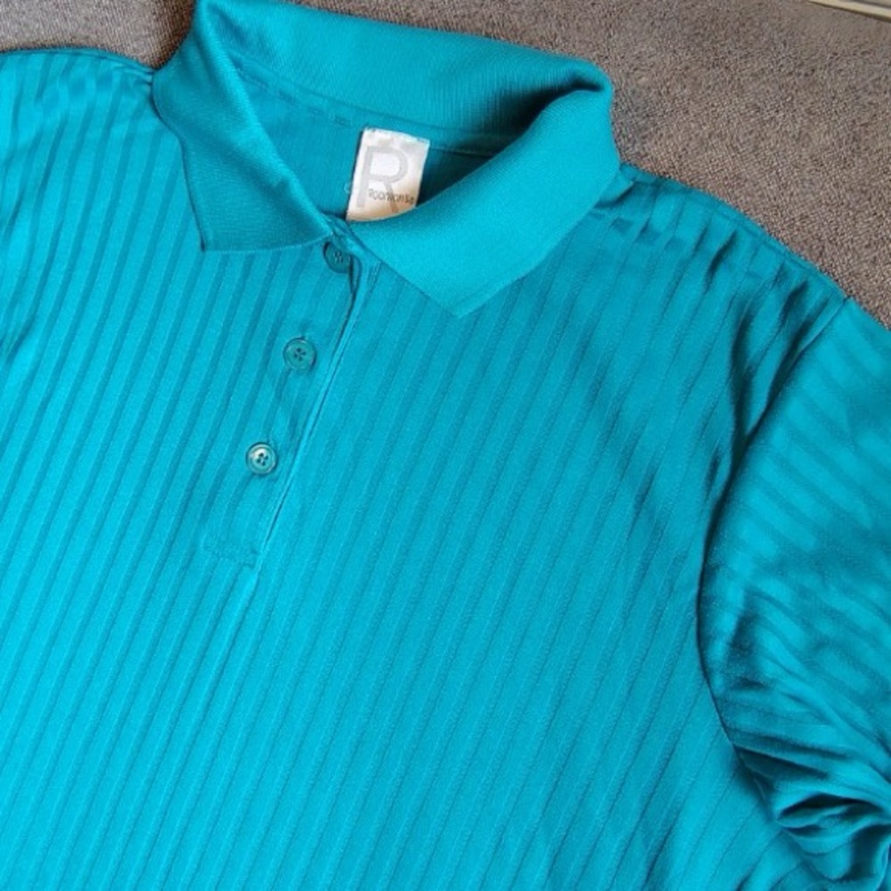 Vtg 80s Roaman’s Ribbed Short Sleeve Polo Mens L Teal Blue Dad Shirt Oversized